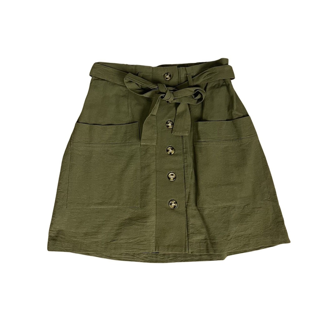 Hesperus Skirt Womens Size M Green Paperbag Tie Belt Front Button